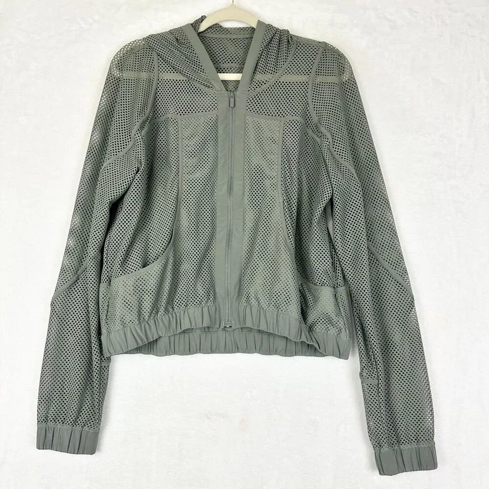 Lululemon Women's Relaxed Fit Mesh Jacket Size 6 Grey Sage Hooded Open Knit